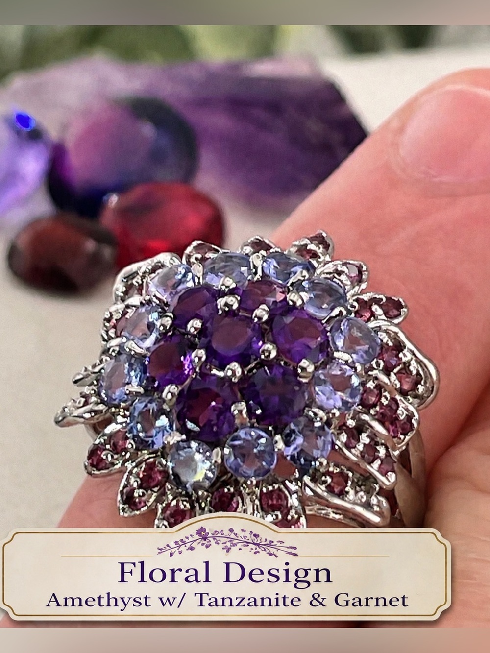 3.84ct Tanzanite Amethyst Garnet Ring 14k White Gold Electroplated on 925 SS